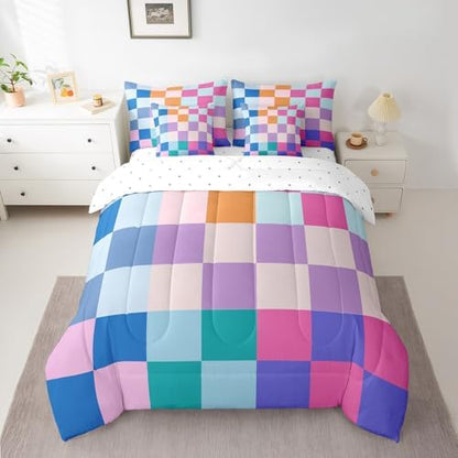 jejeloiu Plaid Comforter Set with Sheets 7 Piece Twin Size