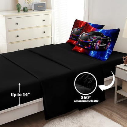 5 Pcs Car Comforter Sets for Boys, Cool Red Blue Lightnings Bed in A Bag Full Size Car Bedding Set for Boys Kids