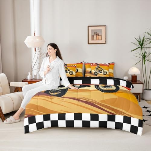 Feelyou Orange Motocross Rider Comforter Set King 7 Pieces Desert Dirt Bike Bedding Set Sunset Track Design Bed in a Bag Checkered Flag Room Decor Off-Road Motorcycle Quilted Breathable Soft