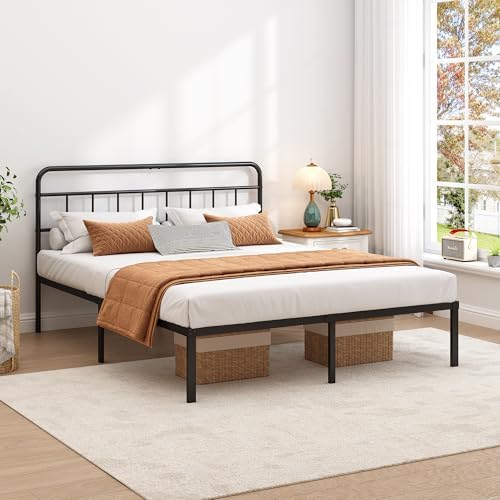 King Bed Frame with Classic Headboard, Black