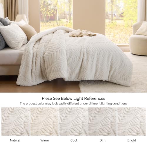 BEDELITE Fluffy Sherpa Queen Comforter Set,Leaf-Cream