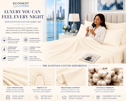 100% Egyptian Cotton Bed Sheets-Cal King 6PC Fits Up to 16" Mattress,Ivory