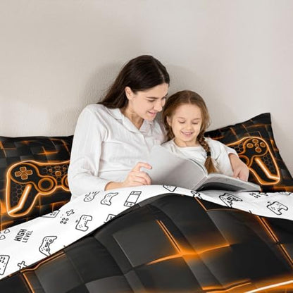 Feelyou Kids Gamer Comforter Set King Size Orange Black Bedding Set Boys