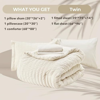 HYMOKEGE Ivory Twin Comforter Set Seersucker 5 Pieces, All Season Luxury Bed in a Bag for Bedroom, Bedding Set with Comforters, Sheets, Pillowcase & Shams