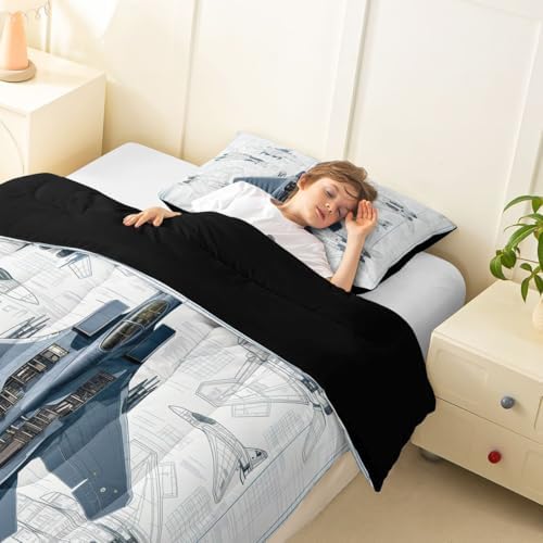 Erosebridal Fighter Aircraft Kids Comforter Sets Military Jet Full Bedding Set for Boys Girls Hand Drawn Grid Aircraft Comforter Set Modern Flying Airplane Quilt Duvet 3 Pcs