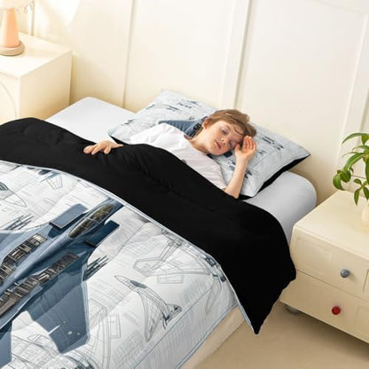 Erosebridal Fighter Aircraft Kids Comforter Sets Military Jet Full Bedding Set for Boys Girls Hand Drawn Grid Aircraft Comforter Set Modern Flying Airplane Quilt Duvet 3 Pcs