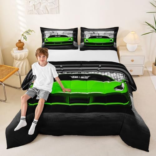 Feelyou Boys Green Race Car Comforter Set Twin Size Green Luxury Car Bedding Set for Kids Boys Girls Extreme Sports Duvet Quilt Fast and Furious Bedroom Decor 2 Pcs with 1 Pillow Cases
