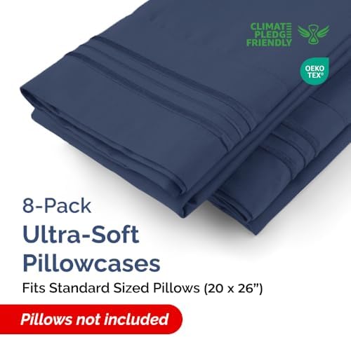 Standard Pillow Cases Set of 8 - Ultra Soft Pillowcase Covers - Navy Blue