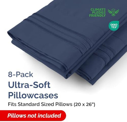 Standard Pillow Cases Set of 8 - Ultra Soft Pillowcase Covers - Navy Blue