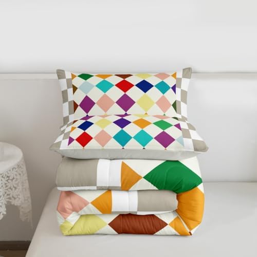 Checkered Geometric Comforter Set All Season Blue Purple Beige Brown Plaid Bedding Set with 2 Pillow Cases Checkerboard Modern Aesthetic Kids King Bedclothes Reversible Grey Bedroom Decor Duvet Quilt