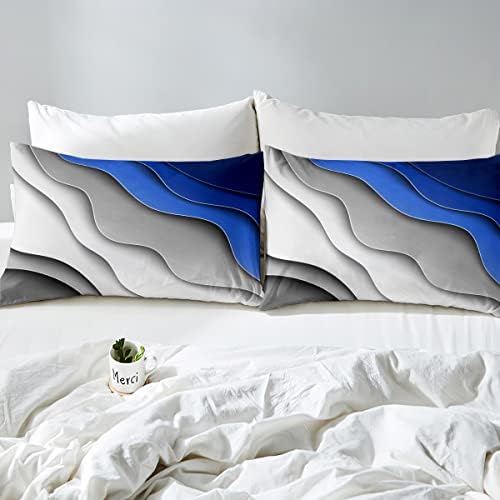 Feelyou Abstract Ombre Bed Sheets Men Adults Teens Ocean Waves Striped Blue Grey White Sheet Set Kids Boys Girls Modern Gradient Contemporary Bed Set Bedroom Collection 4Pcs Queen Size