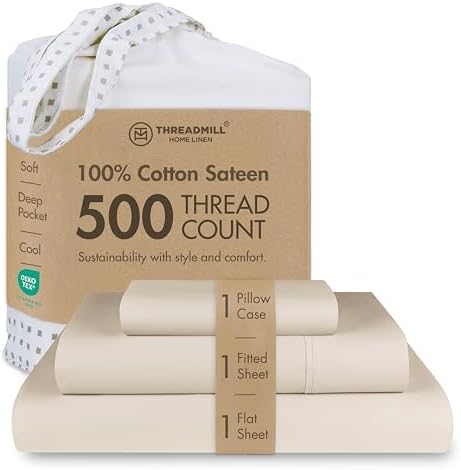 Threadmill 500 Thread Count Cotton Twin XL Sheet Set, Sateen, Beige