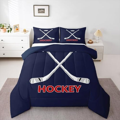 Ice Hockey Comforter Set King Size,Abstract White Hockey Cue Bedding Set 3pcs for Kids Boys Men Room Decor,Ball Sports Gaming Quilt Set Modern Navy Blue Duvet Insert,2 Pillowcases
