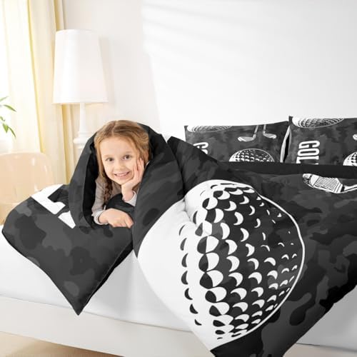 Erosebridal Golf Print Comforter Set - Black Camo Bedding, Queen Size, 3 Piece Soft Lightweight Down Comforter with Duvet & Quilt, Sports Themed, Camouflage Pattern