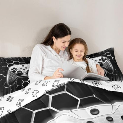 Manfei Videogames Reversible Comforter Set Twin Size, Geometric Honeycomb Gameapd Down Comforter with 1 Pillowcase, Modern Gamer Bedding Set 2pcs for Kids Boys Room Decor Gaming Duvet Insert