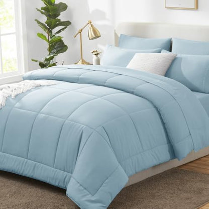 CozyLux Queen Comforter Set Light Blue - 7 Pieces Bed in a Bag