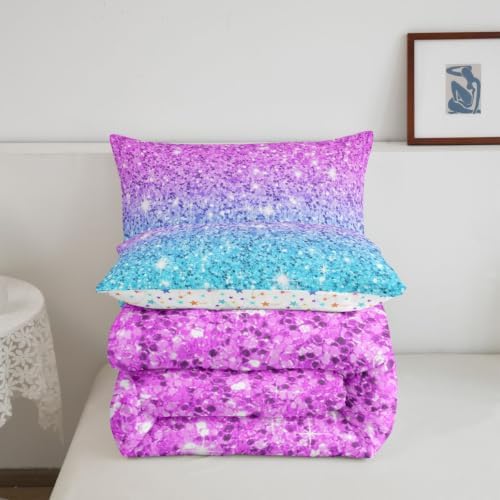 Colorful Glitter Bedding Twin Girly Turquoise Teal Blue Pink Pastel Girls Comforter Set 2 Pcs Trendy Quilt Duvet for Kid Women Down Comforter with Sparkle Sequin Pattern Bling Bedroom Decor Bed Cover