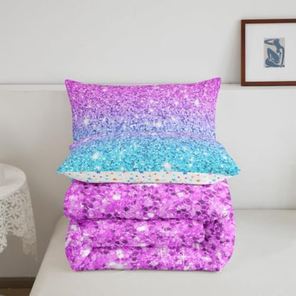 Colorful Glitter Bedding Twin Girly Turquoise Teal Blue Pink Pastel Girls Comforter Set 2 Pcs Trendy Quilt Duvet for Kid Women Down Comforter with Sparkle Sequin Pattern Bling Bedroom Decor Bed Cover