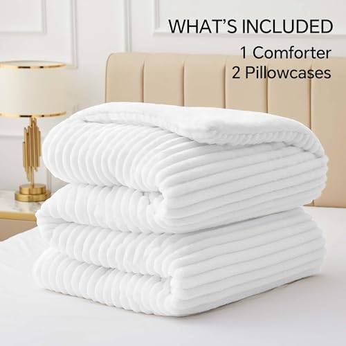 BEDELITE Fleece Full Comforter Set, Fluffy Bed Set, Bright White