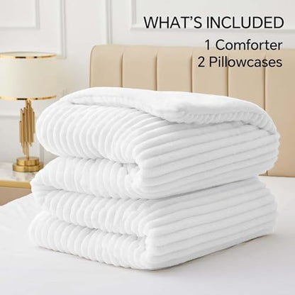 BEDELITE Fleece Full Comforter Set, Fluffy Bed Set, Bright White