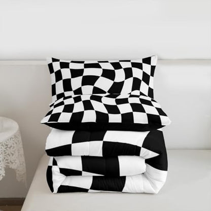 Checkered Comforter Set Full Size Abstract Geometric Bedding Set for Kids Boys Girls Modern Geometric White Black Duvet Quilt Cute Neutral Aesthetic Plaid Bedroom Decor 3 Pcs with 2 Pillow Cases