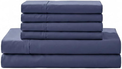Linen Home 100% Cotton Percale Sheet Set, Full Size, Dark Blue, Deep Pocket, 6 Pieces Set - 1 Flat, 1 Deep Pocket Fitted Sheet and 4 Pillowcases, Crisp Cool and Strong Bed Linen