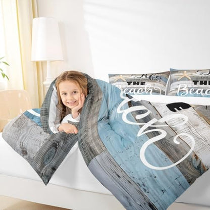 Castle Fairy Rustic Farmhouse Bedding Set Full Size Beach Life Comforter 3pcs Adults Room Decor Blue Grey Stripes Quilted Duvet Ocean Starfish Cabin Wood Insert,2 Pillowcases(CYJS9693ZMD-BZ_USf)