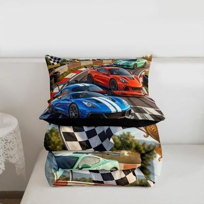 Feelyou Boys Race Car Bedding Set Soft for Boys Girls, Speed Sports Car Comforter Set Queen Size Racing Extreme Sports Duvet Quilt Microfiber Automobile Bedroom Decor 3 Pcs with 2 Pillow Cases