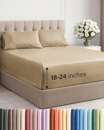 Extra Deep Cal King Sheet Set - 4 Piece Cooling Bed Sheets - Heathered Tan