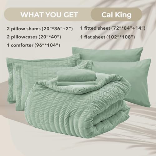 HYMOKEGE Sage Green California King Comforter Set Seersucker 7 Pieces, All Season Luxury Bed in a Bag for Bedroom, Bedding Set with Comforters, Sheets, Pillowcases & Shams