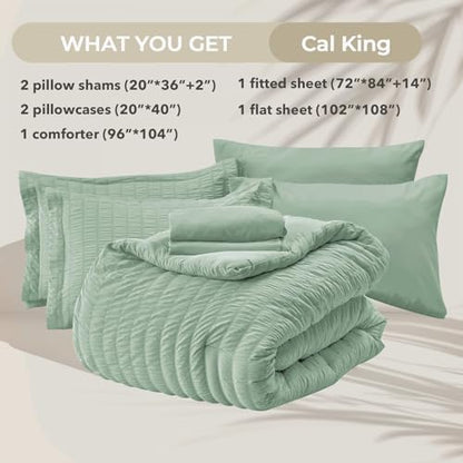 HYMOKEGE Sage Green California King Comforter Set Seersucker 7 Pieces, All Season Luxury Bed in a Bag for Bedroom, Bedding Set with Comforters, Sheets, Pillowcases & Shams