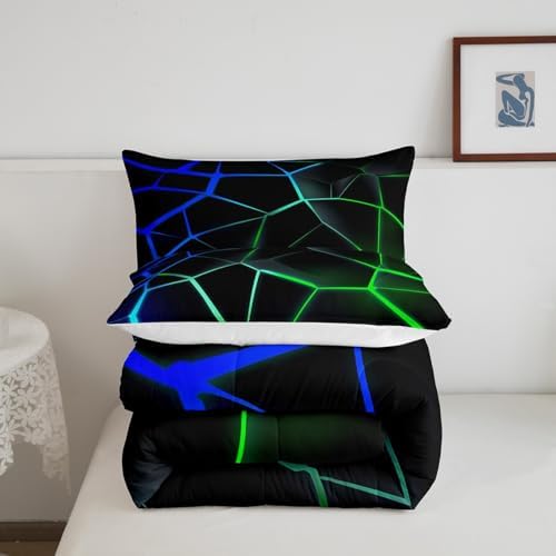 Feelyou Geometric Honeycomb Comforter Set Green Blue Stereoscopic Hexagon Comforter for Kids Boys Girls Beehive Hexagon Bedding Set Geometric Duvet Set Room Decor Quilt Queen Size Boys