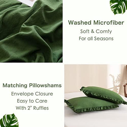 Masaca Olive Green Ruffled Comforter King Size,Farmhouse Shabby Boho Chic King Bed Comforters Vintage Rustic Bedding Ultra Soft 3PCS (1 Ruffle Comforter and 2 Pillowcases)