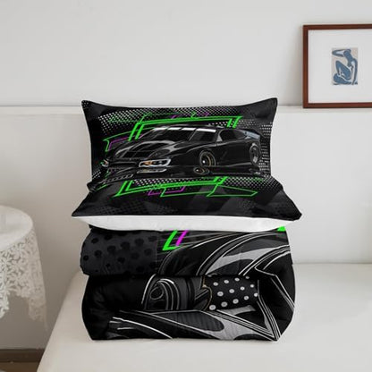 Manfei Racing Car Comforter Set King Size, Black Speeding Sports Car Quilt Set with 2 Pillowcases, Extreme Sports Theme Bedding Set 3pcs for Kids Boys Teens Bedroom Decor