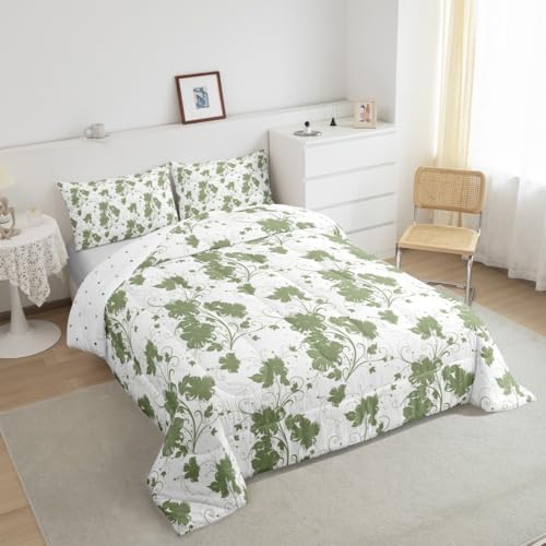 jejeloiu Green Flower Comforter Set Full Size Kids Floral Bedding Set for Boys Girls Teens Botanical Duvet Breathable Minimalist Aesthetics Quilt Bedroom Decor,1 Comforter with 2 Pillowcase