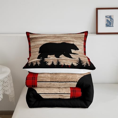 Castle Fairy Kids Bear Silhouette Queen Size Comforter Set,Wildlife Animal Trees Print Bedding Set with 2 Pillowcases,Red Black Plaid Retro Board Breathable Durable Polyester
