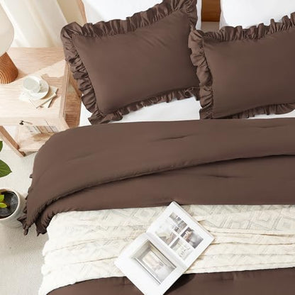 Andency Brown Ruffle Comforter Oversized Queen, 3 Pcs Solid Farmhouse Bed