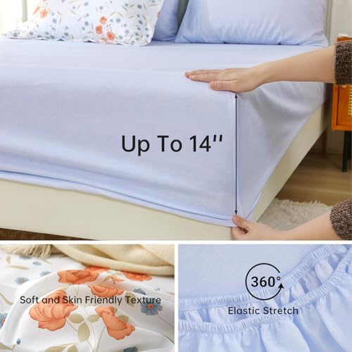 MUXHOMO Orange Blossom Full Comforter Set, Elegant Floral Print Bed in a Bag 7 Pieces, Ultra Soft & Breathable Reversible Botanical Pattern Bedding Set with Comforter, Sheets, Pillowcases, and Shams