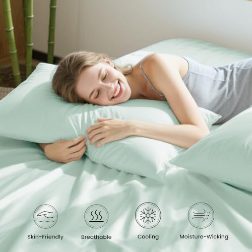 Love's cabin 4 Piece California King Size Sheet Set, 100% Rayon Derived from Bamboo, Cooling & Breathable, Soft Silky Deep Pocket up to 16", Hotel Luxury Bedding for Hot Sleepers, Sea Glass