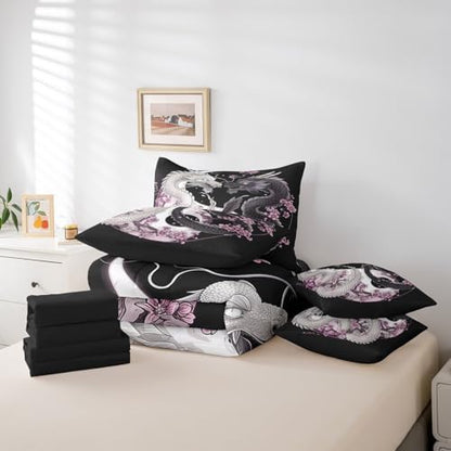Feelyou Dragon Comforter Set 7 Pieces Twin Size Yin Yang Cherry Flower Bedding Set for Boys Girls Wildlife Bed in a Bag with Comforter, Sheets, Pillowcases & Cushion Covers