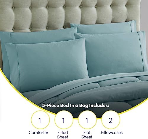 Sweet Home Collection 5 Piece Comforter Set Bag Solid Color All Season Soft Down Alternative Blanket & Luxurious Microfiber Bed Sheets, Misty Blue, Twin XL