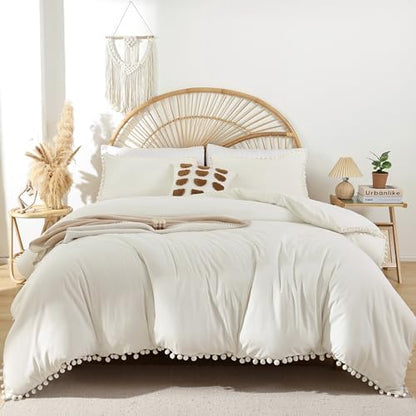 YIRDDEO Full Ivory Microfiber Comforter Set, 3pcs Boho Ball Pom Fringe Design Bedding Set (1 Comforter, 2 Pillowcases)