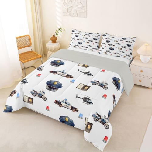 Feelyou Police Car Comforter Set Queen Size Policeman Vehicle Bedding Set for Kids Boys Girls Aircraft Cartoon Car Duvet Quilt Bedroom Decor Microfiber 3 Pcs with 2 Pillow Cases