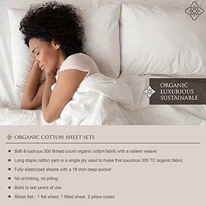 BIOWEAVES 100% Organic Cotton Sheets, 300 Thread Count 4-Piece GOTS Certified Bed Sheet Set Fits Mattress Upto 17" Deep Pocket, Soft & Silky Sateen Weave (Full, Sand)