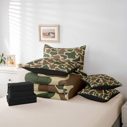 Erosebridal Bass Fish Queen Comforter Set Fishing Camo Bedding Sets 7Pcs Rustic Farmhouse Bed in a Bag Army Camouflage Sheet Set with Comforter Vintage Brown Green Decor Bed Set Outdoor Camping Gifts