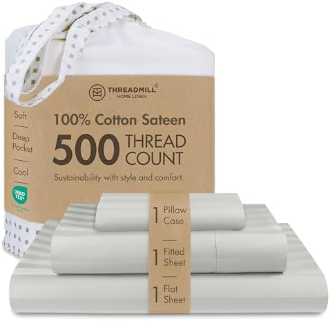 Threadmill 500TC Cotton Twin Sheet Set, Damask Stripe, Light Grey, 3-Piece