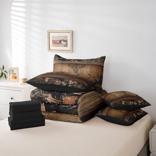 Erosebridal 7 Piece Rustic Lake Cabin Comforter Set with Sheets Farmhouse Fishing Bedding Set Queen Tree Branches Camo Fish Hook Bed in A Bag for Kids Boys Teen Men Country Camouflage Bed Set