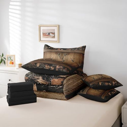 Erosebridal 7 Piece Rustic Lake Cabin Comforter Set with Sheets Farmhouse Fishing Bedding Set Queen Tree Branches Camo Fish Hook Bed in A Bag for Kids Boys Teen Men Country Camouflage Bed Set