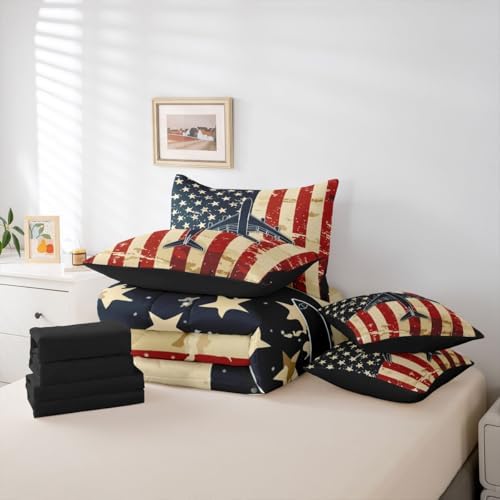 Erosebridal 7 Pcs American Flag Airplane Comforter Set Full Military Airplane Bedding Set with Sheets for Boys Kids Teens Men Vintage Patriotic Bed in A Bag Navy Plane Bed Sets for Aviation Lovers