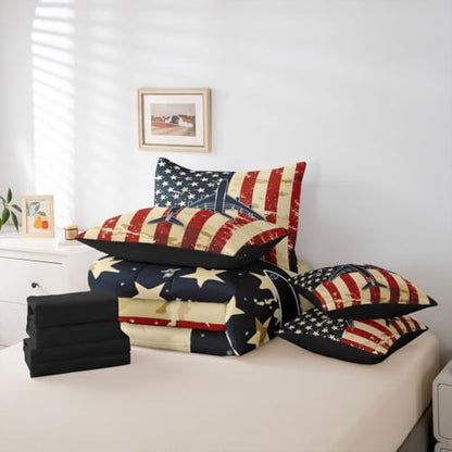 Erosebridal 7 Pcs American Flag Airplane Comforter Set Full Military Airplane Bedding Set with Sheets for Boys Kids Teens Men Vintage Patriotic Bed in A Bag Navy Plane Bed Sets for Aviation Lovers